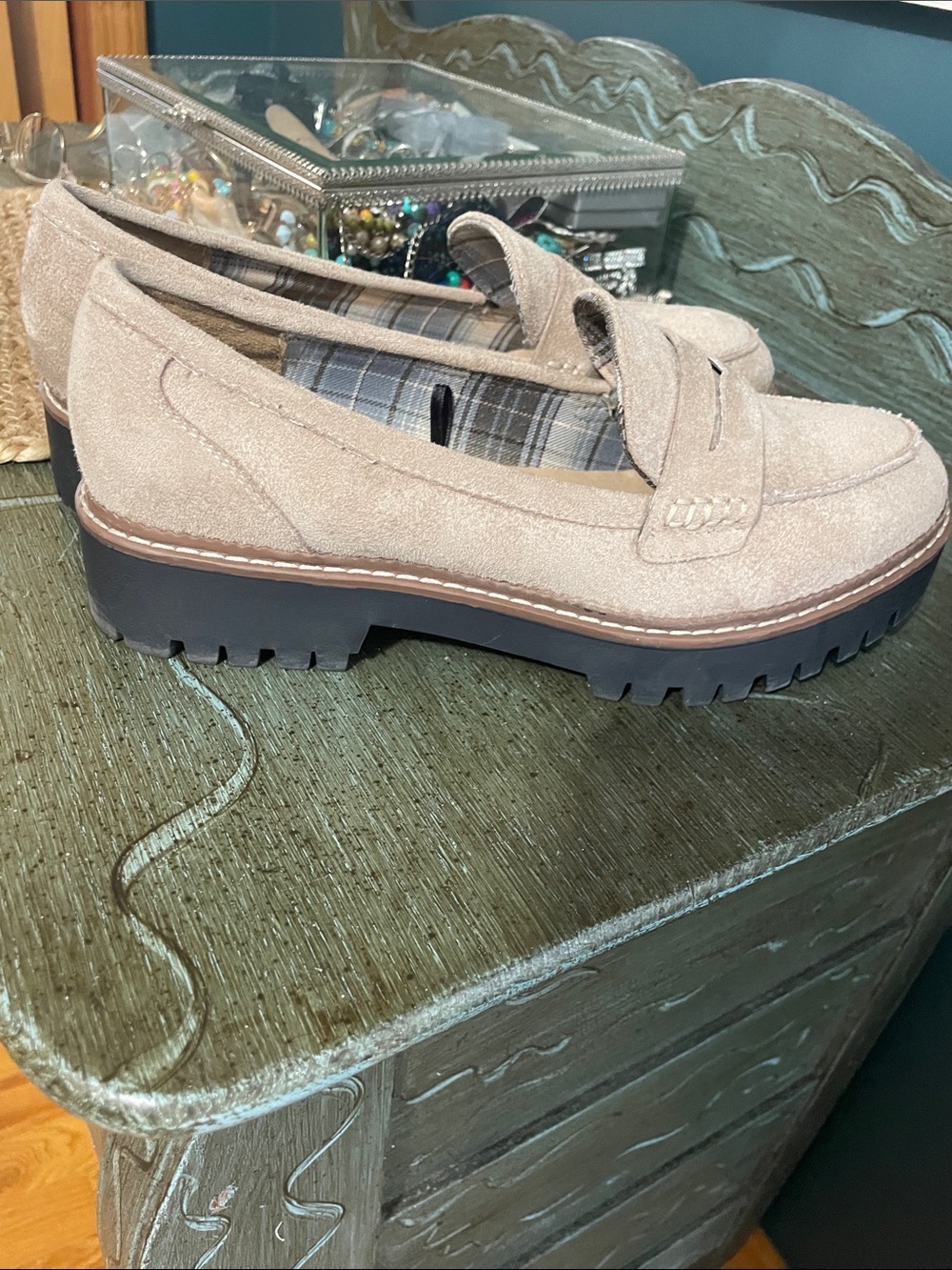 Jellypop Taupe Suede Lug Sole Penny Loafers